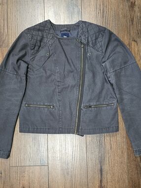 Gap Women’s Small Quilted Shoulder Moto Jacket Cotton Twill Asymmetric Zip Grey